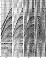 Figure 6.4-29  (a) A CMP gather associated with the stacked section in Figure 6.4-28; (b) after moveout correction using primary velocities; (c) after trace interpolation using the f − x method (Section G.1); (d) the parabolic Radon transform of (c). Shown beneath each panel is the autocorrelogram.