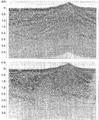 Figure 8.3-22  (Top) A CMP-stacked section from a land line shot over a topographic high; (bottom) time migration of the CMP-stacked section. (Data courtesy Lasmo International.)