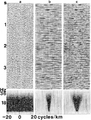 Figure 6.2-2  (a) A synthetic CMP gather with band-limited random noise uncorrelated from trace to trace; the same gather after f − k filtering with different pass-fans with dip bands: (b) (+2,-2) ms/trace, and (c) (+4,-4) ms/trace. The f − k spectra are shown at the bottom of each panel. Note that random noise in t − x domain maps onto a rectangular zone in the f − k domain, with its top and base corresponding to the low- and high-frequency end of the passband.