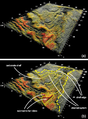 Figure 7.5-7  Identification of depositional environment. See text for details. (Interpretation by Gerald Kidd; courtesy Paradigm Geophysical.)