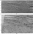 Figure 10.1-12  The Southern Gas Basin line: (a) depth image from poststack depth migration using the same velocity-depth model in Figure 10.1-9 as for the depth image from prestack depth migration shown in Figure 10.1-10b; (b) time image from poststack time migration. These images are from the left-half of the line as in Figure 10.1-1. See text for the labeled events.