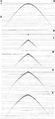 Figure 4.4-6  Tests for extrapolation depth step size in 65-degree frequency-space implicit finite-difference migration: (a) a zero-offset section that contains a diffraction hyperbola with 2500-m/s velocity, (b) desired migration; 65-degree finite-difference migrations using (c) 32-ms, (d) 40-ms, (e) 60-ms, and (f) 80-ms depth step.
