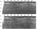 Figure 8.3-25  (Top) A CMP-stacked section from a marine line over two salt diapirs; (bottom) time migration of the CMP-stacked section. (Data courtesy Mobil North Sea Limited.)