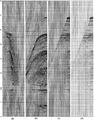 Figure 6.4-30  (a) The Radon transform as in Figure 6.4-29d after muting the primary zone; (b) the reconstructed gather that contains only multiples; (c) the difference gather obtained by subtracting (b) from Figure 6.4-29c; (d) the same gather as in (c) but retaining every other trace with offsets as in Figure 6.4-29b. Compare (d) — the gather after multiple attenuation, with Figure 6.4-29b — the gather before multiple attenuation.