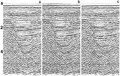 Figure 4.3-9  Tests for extrapolation depth step size in 15-degree finite-difference migration: (a) 40-ms depth step, (b) 60-ms depth step, and (c) 80-ms depth step. The input CMP stack is shown in Figure 4.3-2a and the desired migration is shown in Figure 4.3-2b.