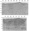 Figure 8.3-24  (Top) Depth image derived from shot-profile migration of the data associated with the CMP-stacked section in Figure 8.3-22; (bottom) depth migration of the CMP-stacked section in Figure 8.3-22.