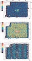 Figure 7.2-4  Fold of coverage maps for near offsets (top), mid-offsets (middle) and far offsets (bottom). See the base map in Figure 7.2-1, full-fold coverage map in Figure 7.2-3, and the details in the text.