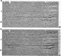 Figure 3.4-42  (a) A CMP stack with refraction statics applied using the least-squares method (compare with Figures 3.4-39a and Figure 3.4-41a), (b) same as in (a) with residual statics corrections.
