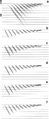 Figure 4.3-7  Tests for extrapolation depth step size in 15-degree finite-difference migration: (a) a zero-offset section that contains dipping events with 3500-m/s velocity, (b) desired migration; 15-degree finite-difference migration using (c) 4-ms (d) 8-ms, (e) 12-ms, and (f) 16-ms depth step.