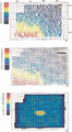 Figure 7.2-3  Top: Source elevations; middle: receiver elevations; bottom: full-fold coverage in the survey area. See the base map in Figure 7.2-1 and the details in the text.