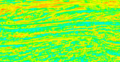 Instantaneous Frequency for the same section of offshore Australia seismic data. Red = Higher Frequency, Blue = Lower Frequency