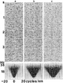 Figure 6.2-3  A synthetic CMP gather as in Figure 6.2-2 with band-limited random noise uncorrelated from trace to trace after f − k filtering with different pass-fans with dip bands: (a) (+6,-6) ms/trace, (b) (+8,-8) ms/trace, and (c) (+10,-10) ms/trace. The f − k spectra are shown at the bottom of each panel.