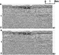 Figure 3.4-34  (a) A CMP stack with elevation statics corrections, (b) same as in (a) with residual statics corrections.
