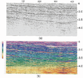 Figure 11.3-12  (a) Broad-band sparse-spike reflectivity section derived from the wide-band time-migrated section shown in Figure 11.3-10b; (b) acoustic impedance section derived from (a).